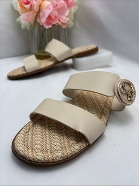 Sam & Libby Women’s 7.6 Cream Double-Strap Slide Sandals with Gold Logo #357